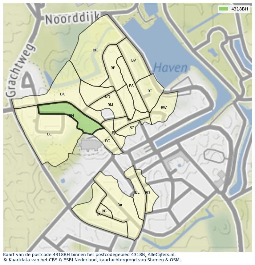 Afbeelding van het postcodegebied 4318 BH op de kaart.