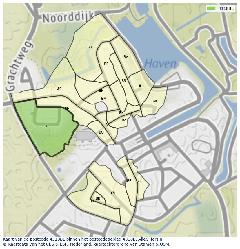 Afbeelding van het postcodegebied 4318 BL op de kaart.