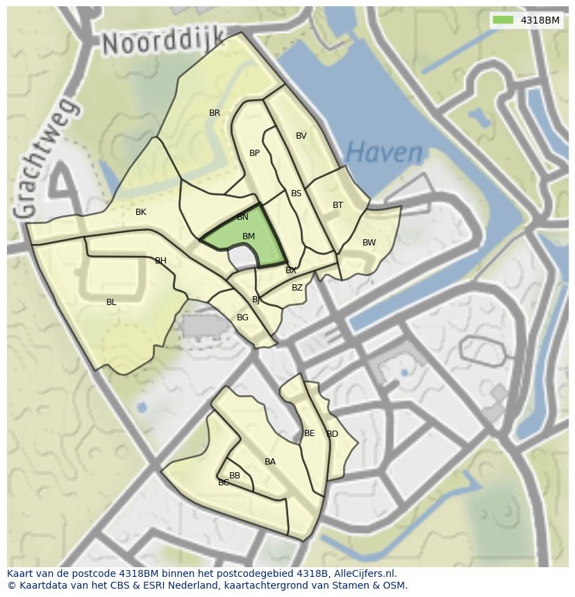 Afbeelding van het postcodegebied 4318 BM op de kaart.
