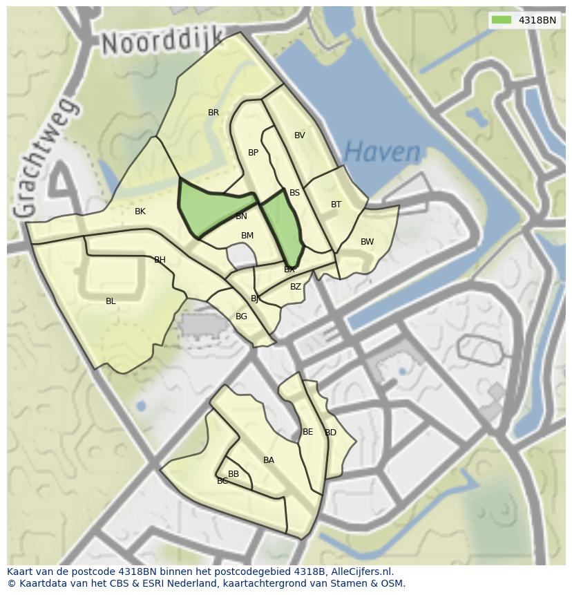 Afbeelding van het postcodegebied 4318 BN op de kaart.