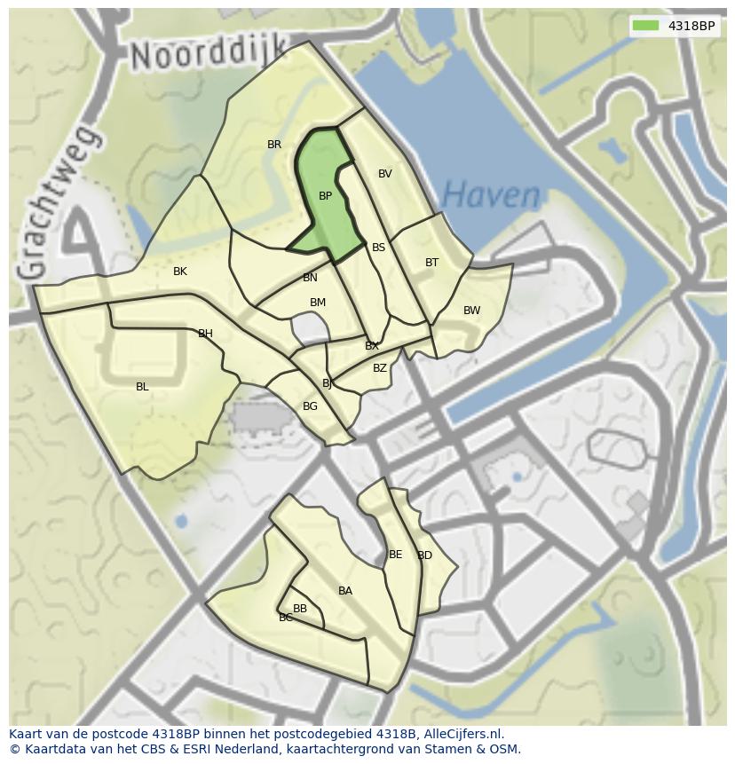 Afbeelding van het postcodegebied 4318 BP op de kaart.