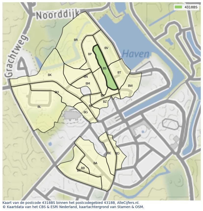 Afbeelding van het postcodegebied 4318 BS op de kaart.