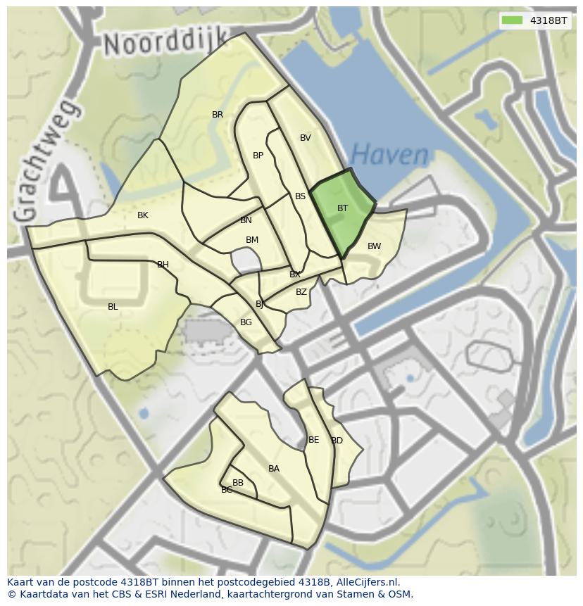 Afbeelding van het postcodegebied 4318 BT op de kaart.