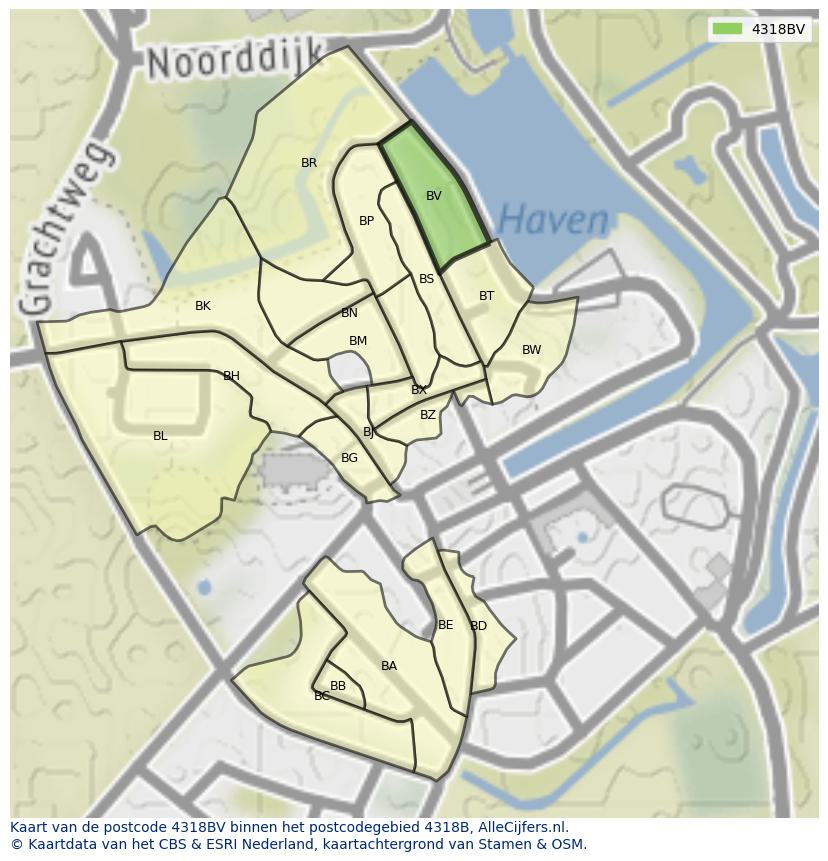 Afbeelding van het postcodegebied 4318 BV op de kaart.
