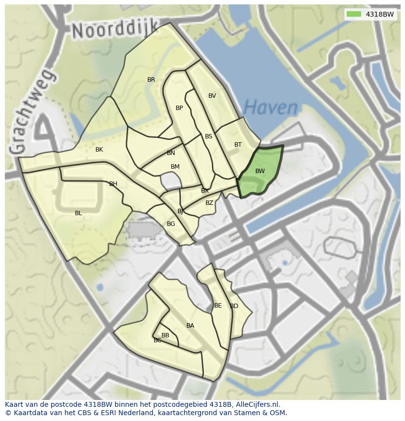 Afbeelding van het postcodegebied 4318 BW op de kaart.