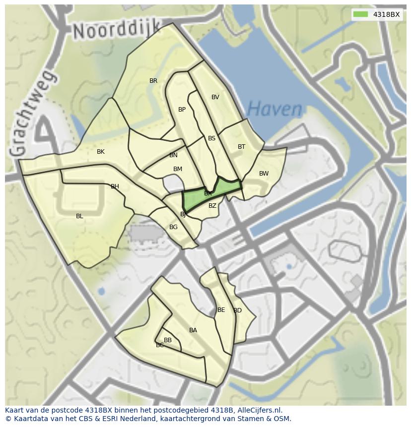 Afbeelding van het postcodegebied 4318 BX op de kaart.