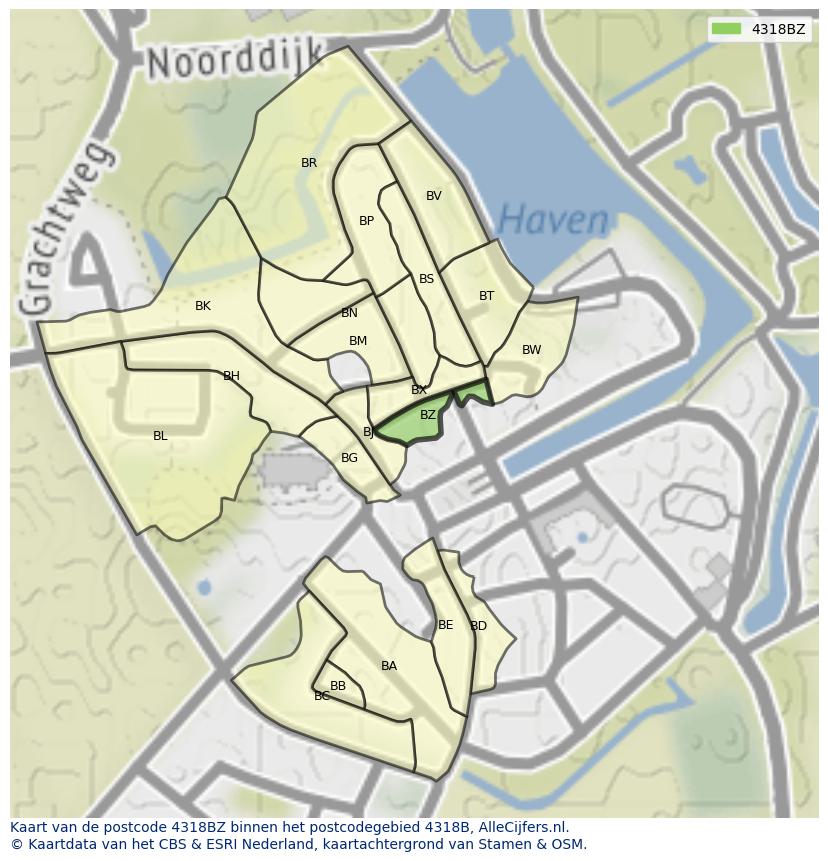 Afbeelding van het postcodegebied 4318 BZ op de kaart.