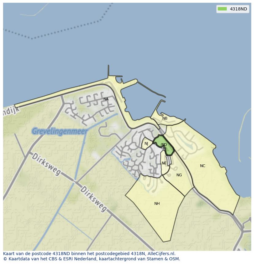 Afbeelding van het postcodegebied 4318 ND op de kaart.