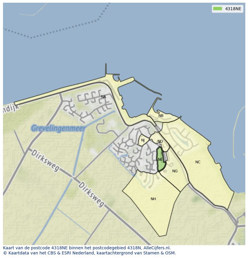 Afbeelding van het postcodegebied 4318 NE op de kaart.