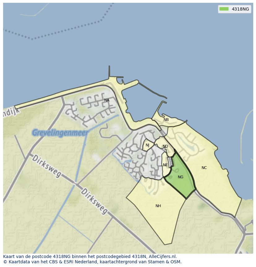 Afbeelding van het postcodegebied 4318 NG op de kaart.