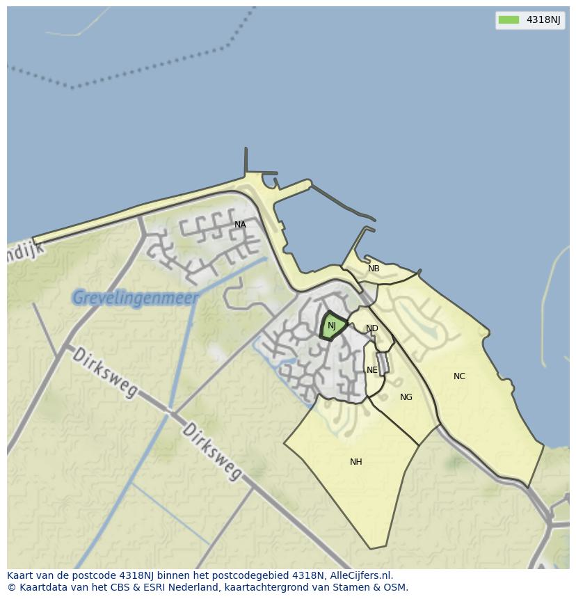 Afbeelding van het postcodegebied 4318 NJ op de kaart.