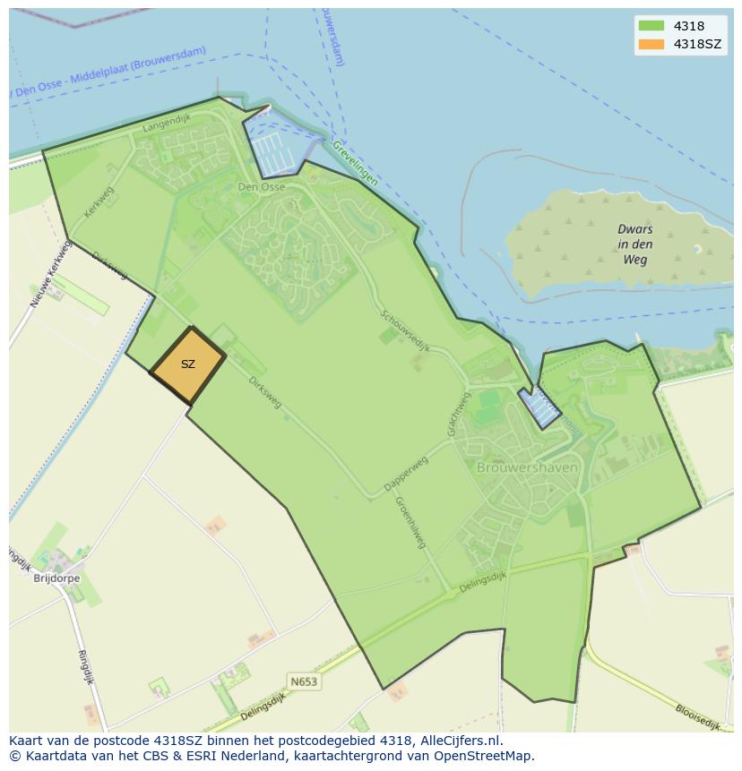 Afbeelding van het postcodegebied 4318 SZ op de kaart.
