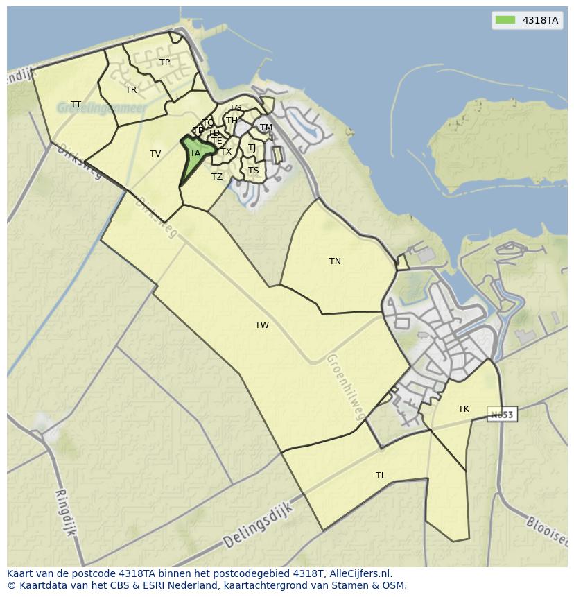 Afbeelding van het postcodegebied 4318 TA op de kaart.