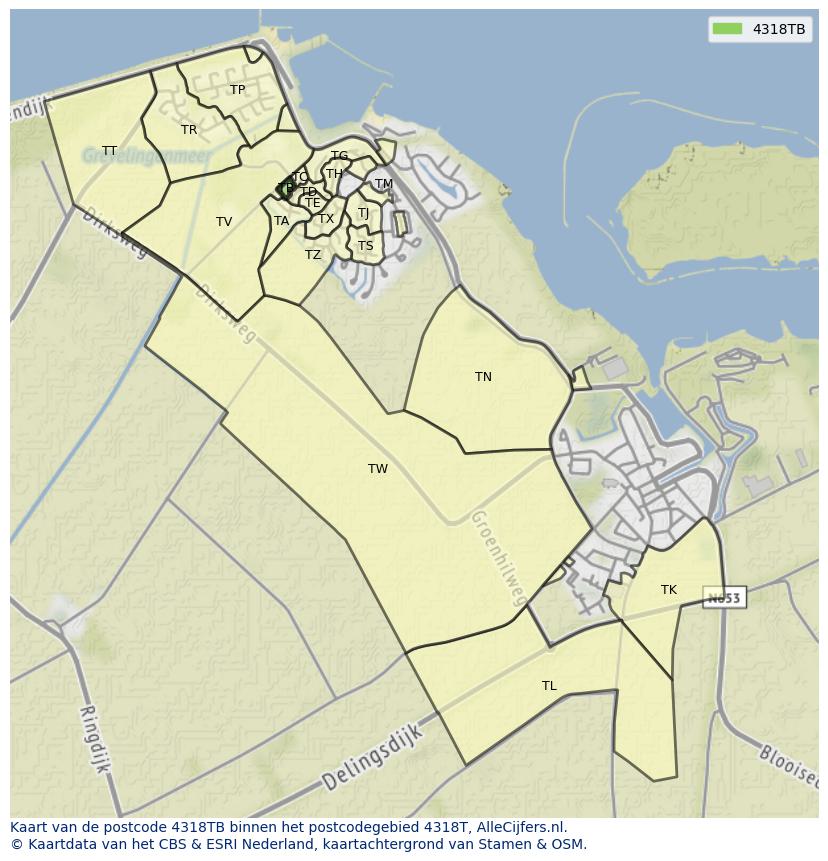 Afbeelding van het postcodegebied 4318 TB op de kaart.