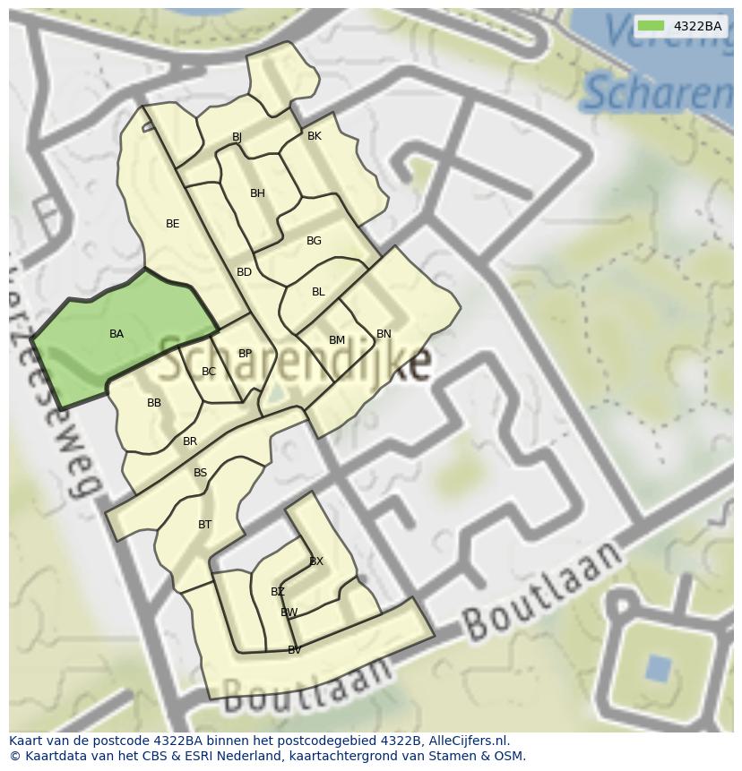 Afbeelding van het postcodegebied 4322 BA op de kaart.