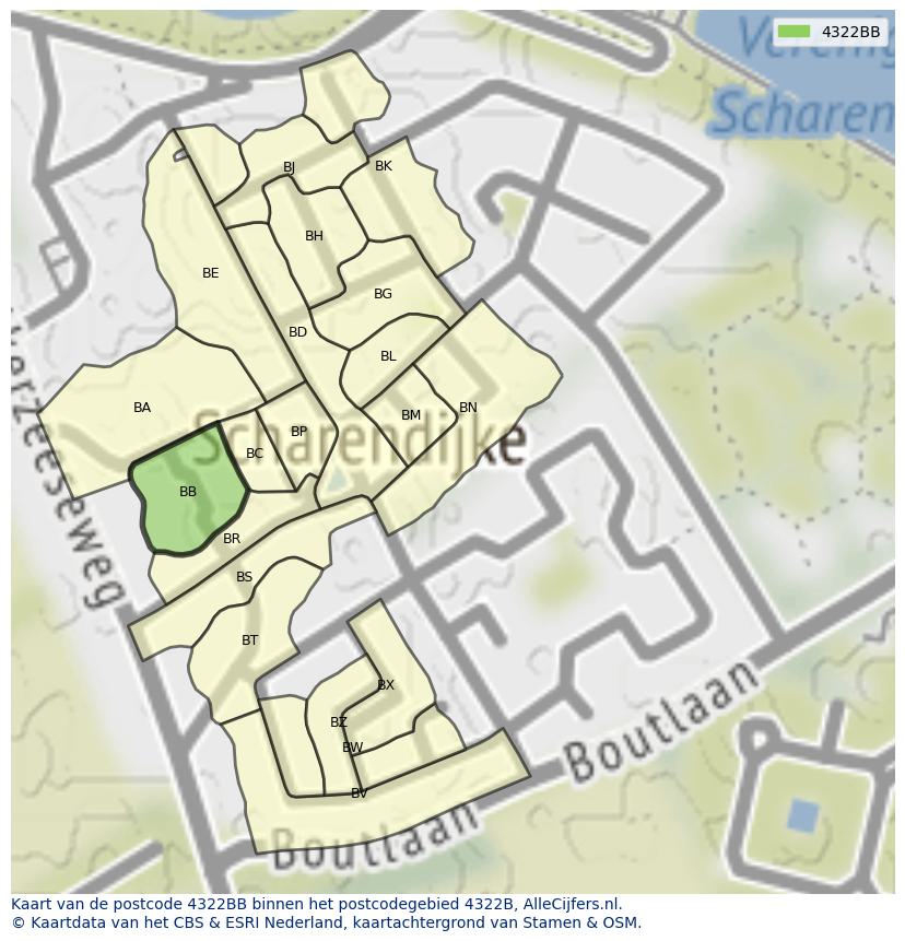 Afbeelding van het postcodegebied 4322 BB op de kaart.