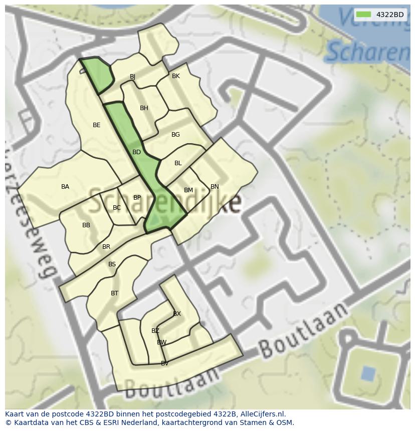 Afbeelding van het postcodegebied 4322 BD op de kaart.