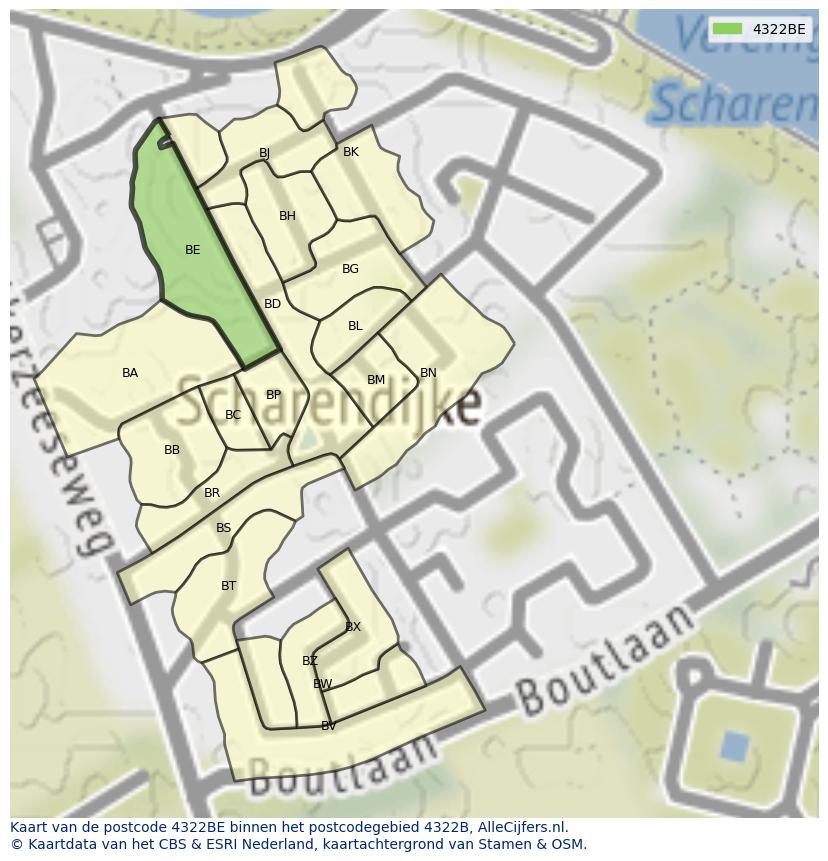 Afbeelding van het postcodegebied 4322 BE op de kaart.
