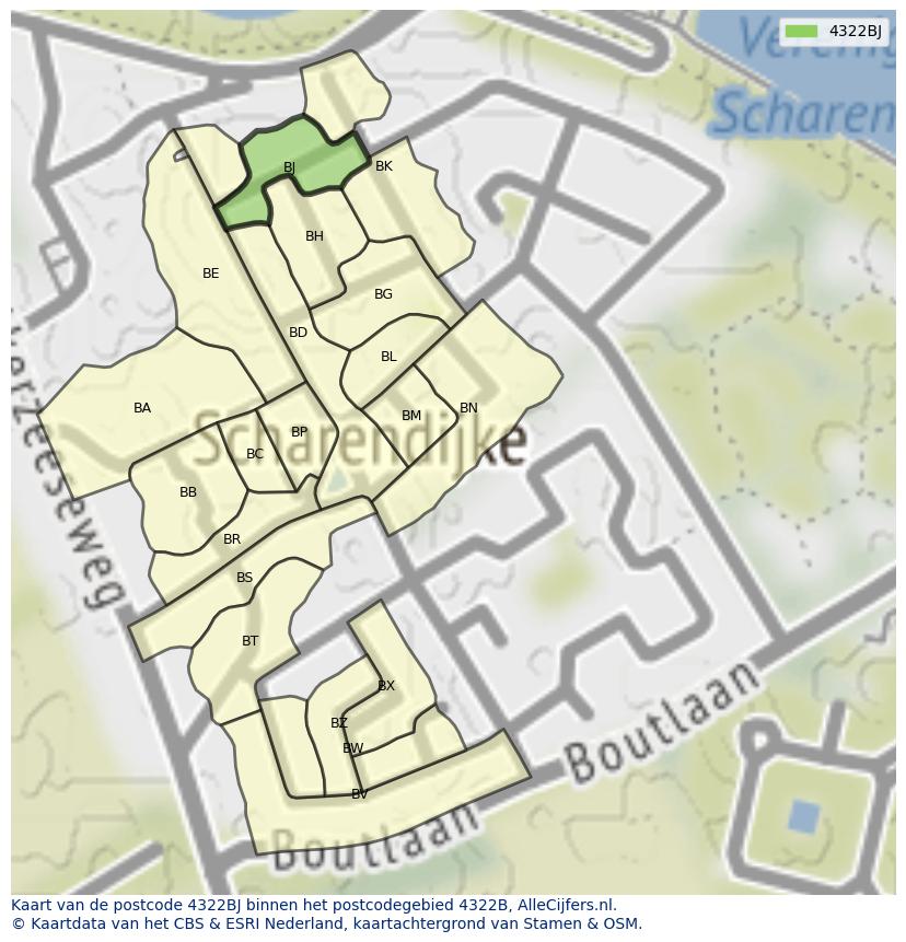 Afbeelding van het postcodegebied 4322 BJ op de kaart.