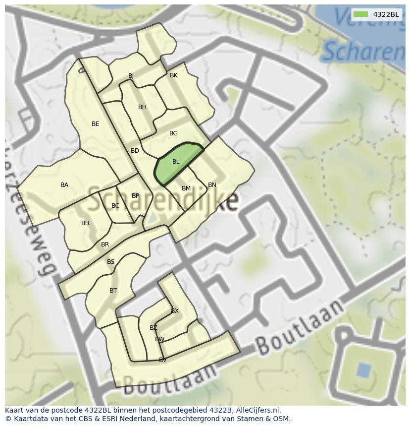 Afbeelding van het postcodegebied 4322 BL op de kaart.