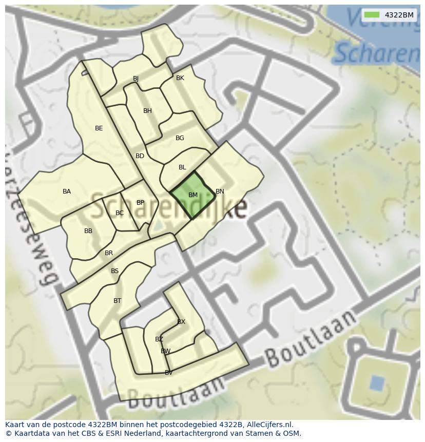 Afbeelding van het postcodegebied 4322 BM op de kaart.