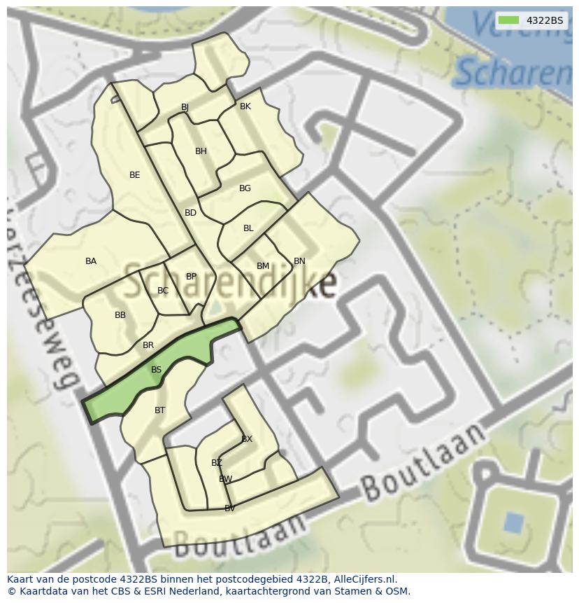 Afbeelding van het postcodegebied 4322 BS op de kaart.