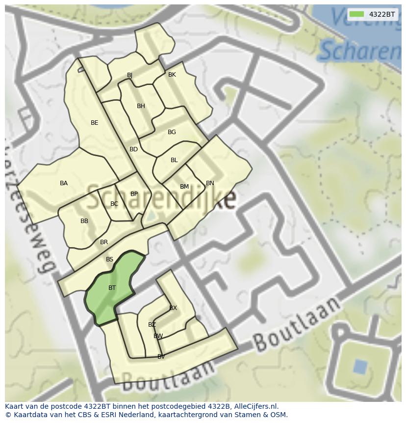 Afbeelding van het postcodegebied 4322 BT op de kaart.