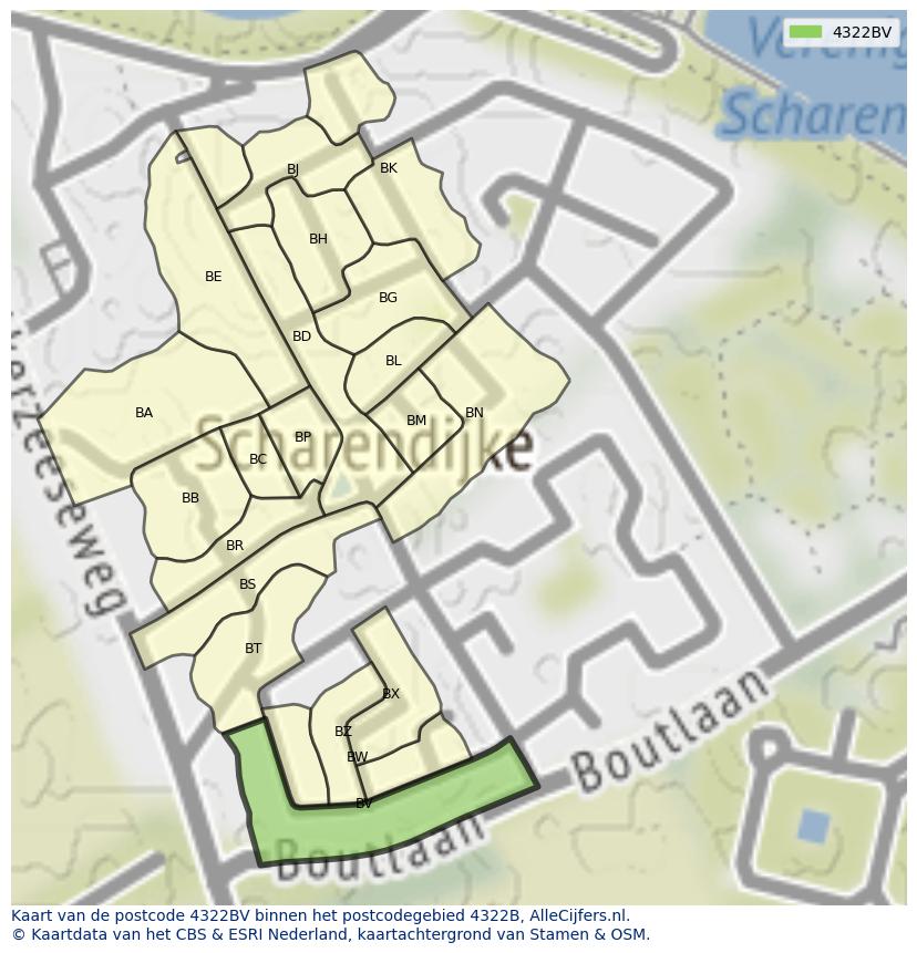 Afbeelding van het postcodegebied 4322 BV op de kaart.