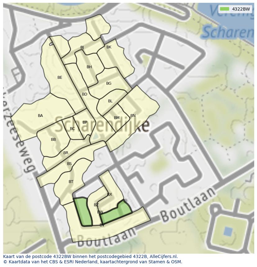 Afbeelding van het postcodegebied 4322 BW op de kaart.