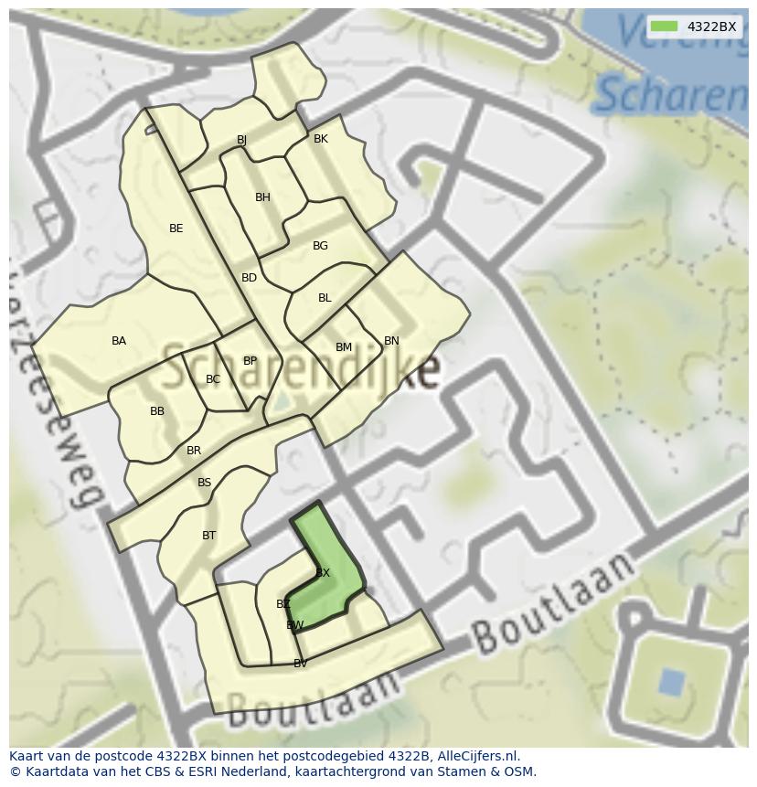 Afbeelding van het postcodegebied 4322 BX op de kaart.