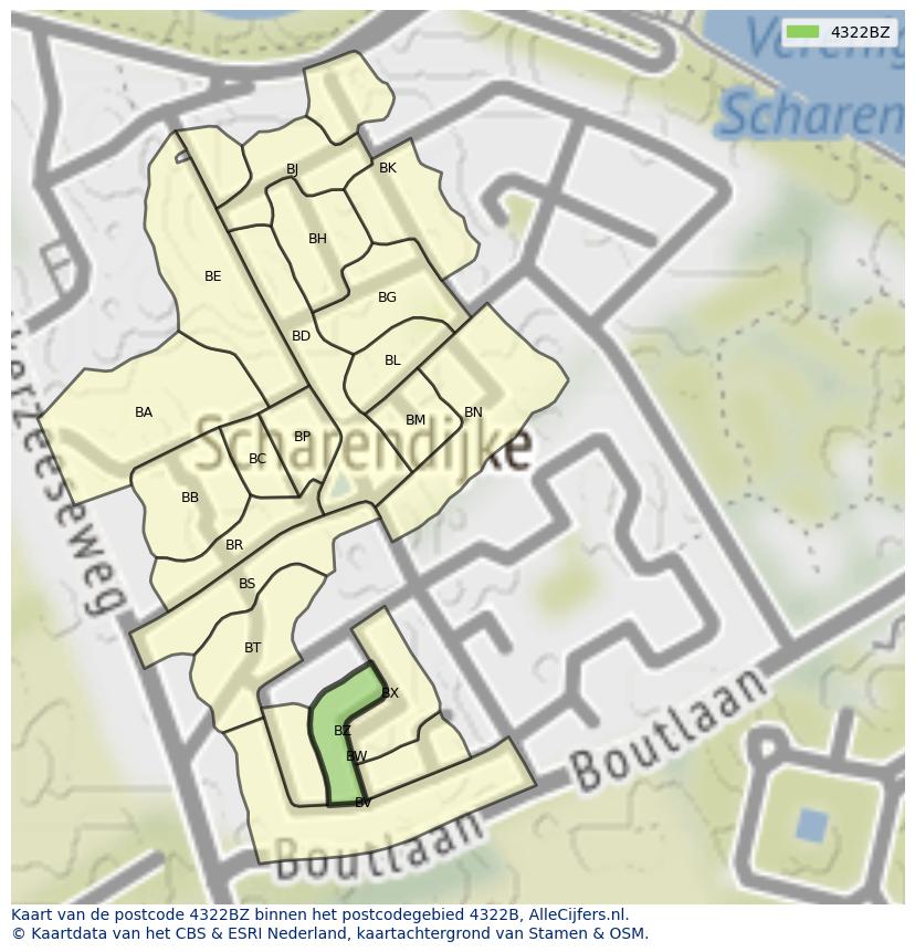 Afbeelding van het postcodegebied 4322 BZ op de kaart.