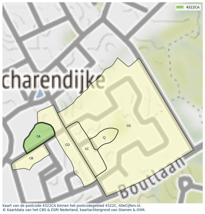Afbeelding van het postcodegebied 4322 CA op de kaart.
