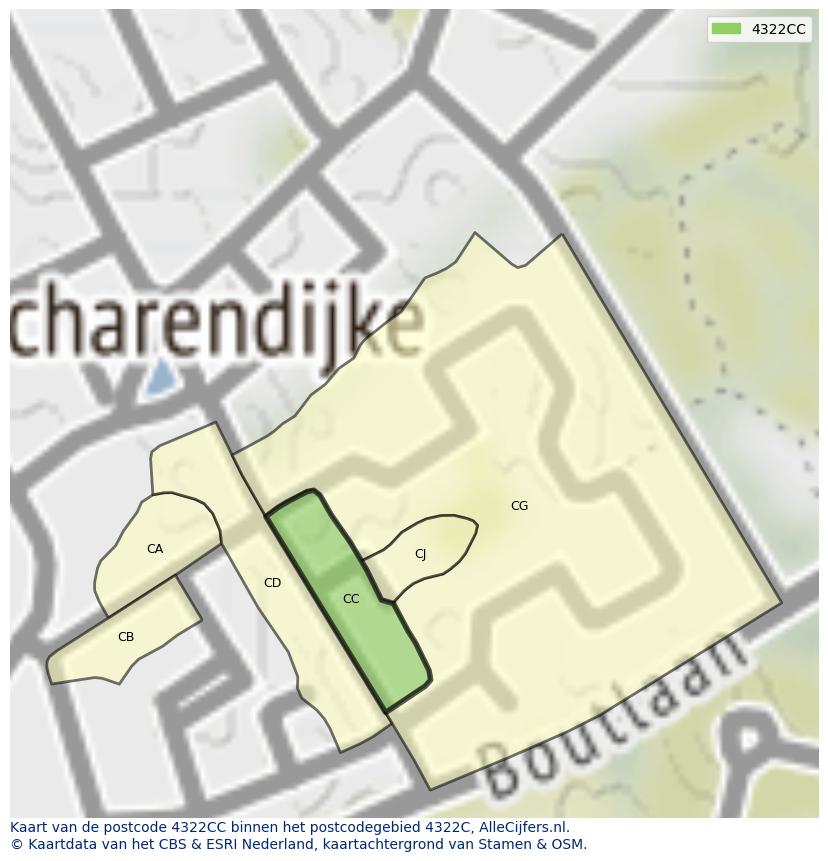 Afbeelding van het postcodegebied 4322 CC op de kaart.