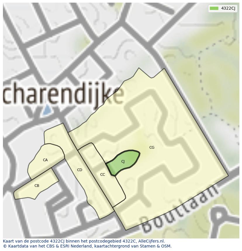Afbeelding van het postcodegebied 4322 CJ op de kaart.