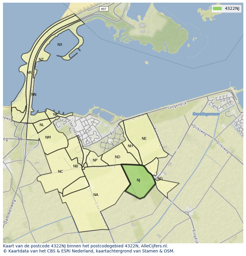 Afbeelding van het postcodegebied 4322 NJ op de kaart.