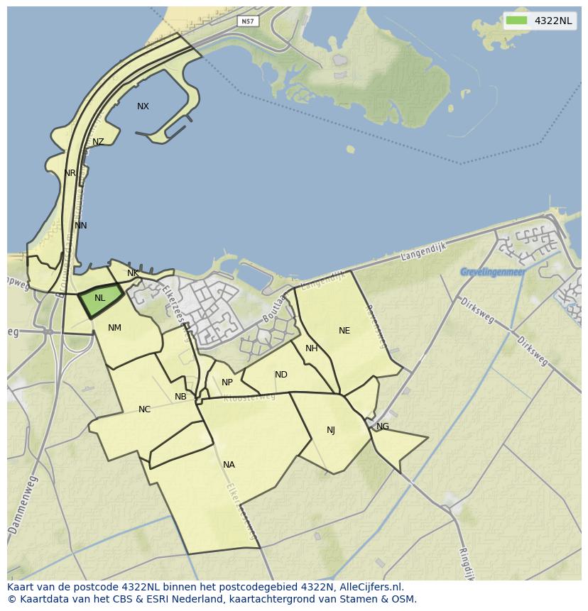 Afbeelding van het postcodegebied 4322 NL op de kaart.