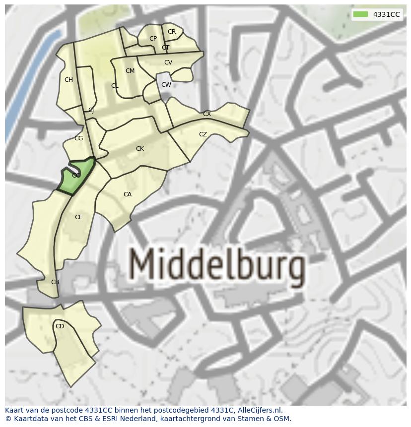 Afbeelding van het postcodegebied 4331 CC op de kaart.
