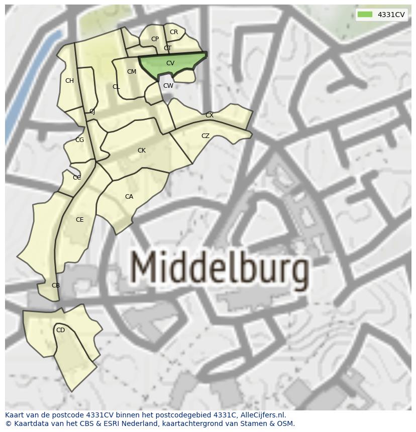 Afbeelding van het postcodegebied 4331 CV op de kaart.