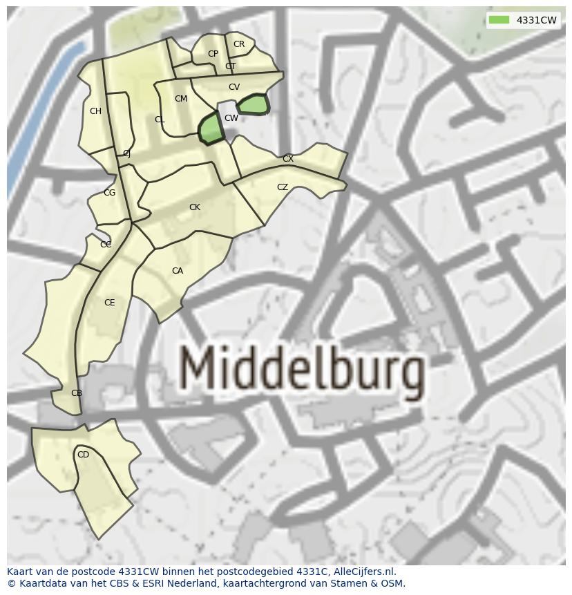 Afbeelding van het postcodegebied 4331 CW op de kaart.