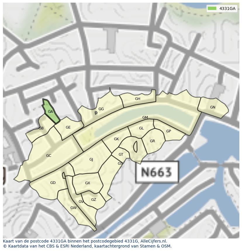 Afbeelding van het postcodegebied 4331 GA op de kaart.