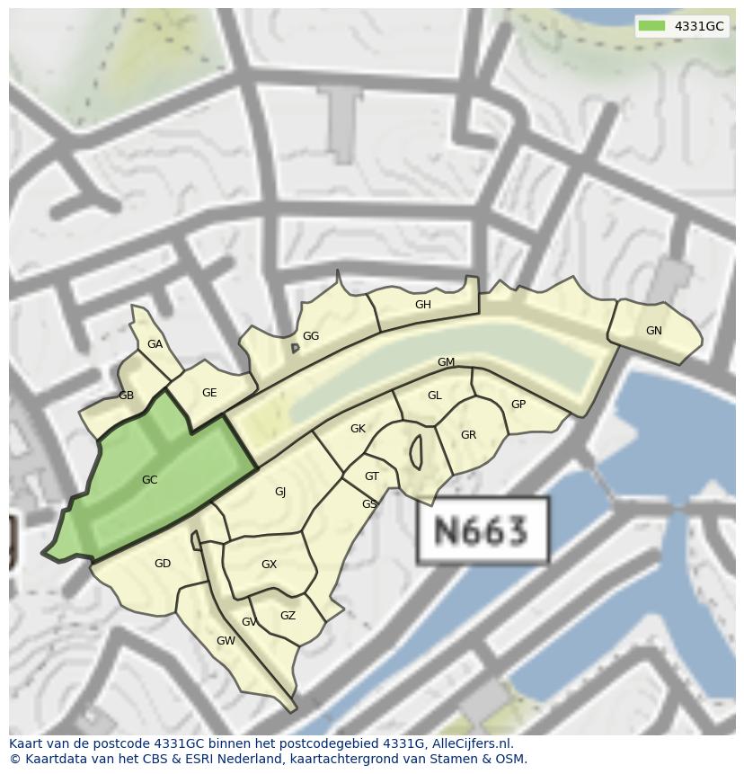 Afbeelding van het postcodegebied 4331 GC op de kaart.