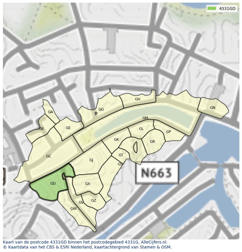 Afbeelding van het postcodegebied 4331 GD op de kaart.