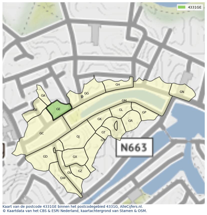 Afbeelding van het postcodegebied 4331 GE op de kaart.