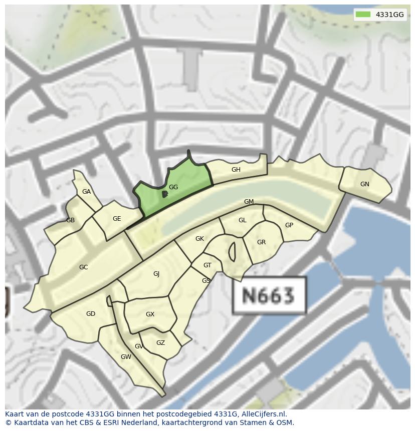 Afbeelding van het postcodegebied 4331 GG op de kaart.