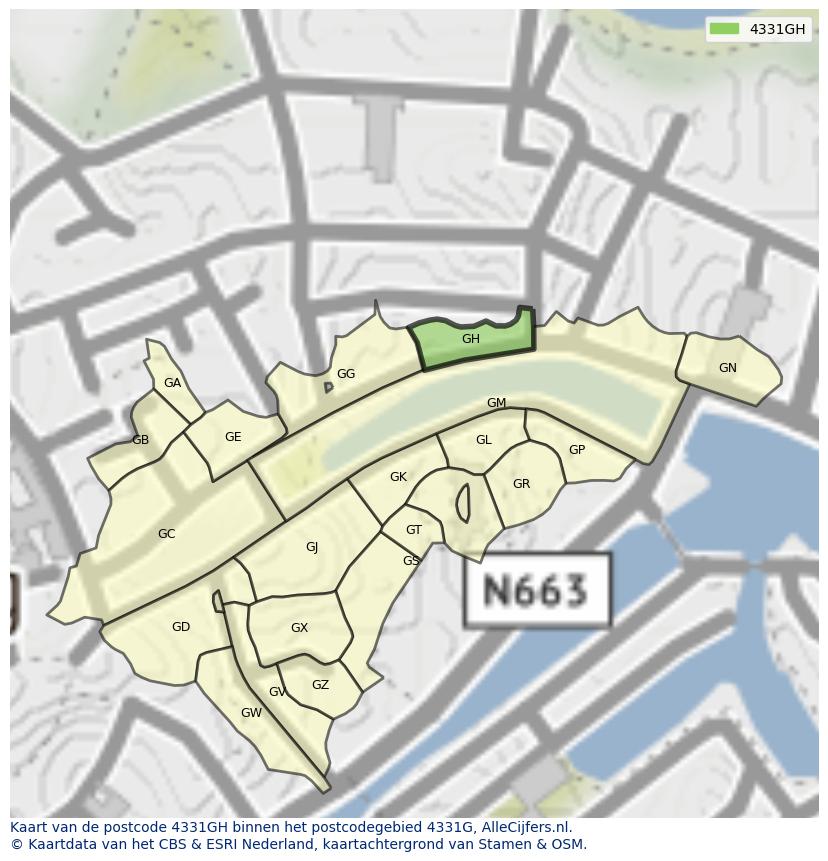 Afbeelding van het postcodegebied 4331 GH op de kaart.