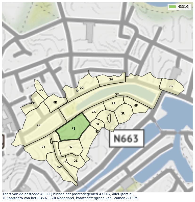 Afbeelding van het postcodegebied 4331 GJ op de kaart.