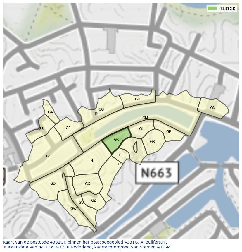 Afbeelding van het postcodegebied 4331 GK op de kaart.