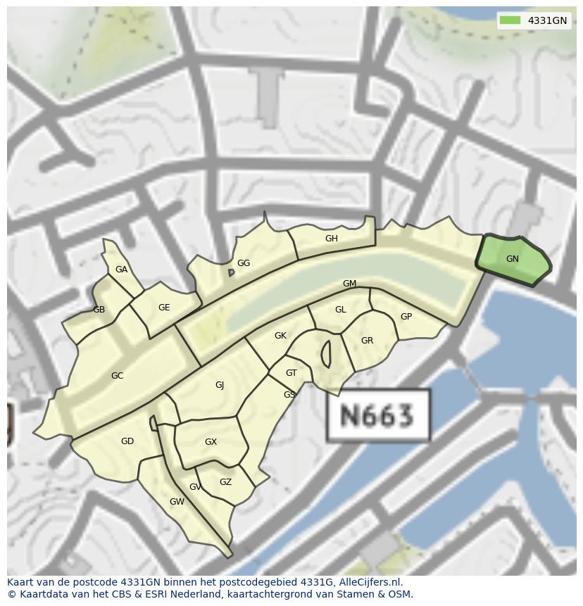 Afbeelding van het postcodegebied 4331 GN op de kaart.