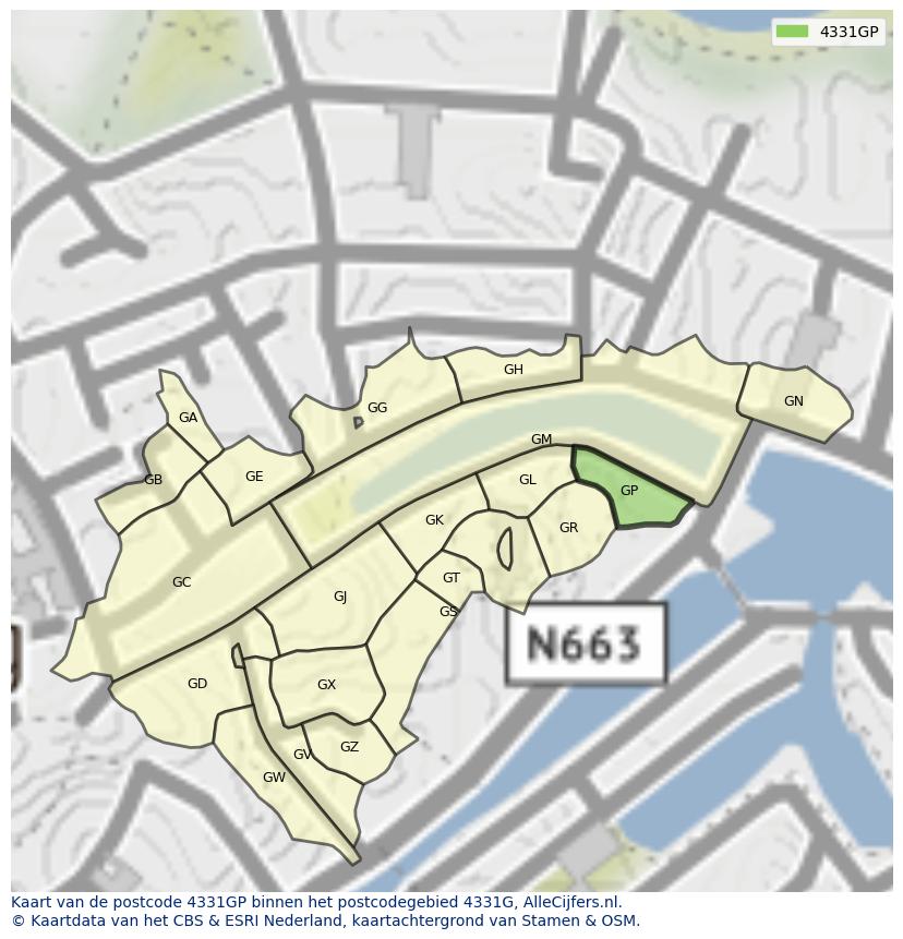 Afbeelding van het postcodegebied 4331 GP op de kaart.