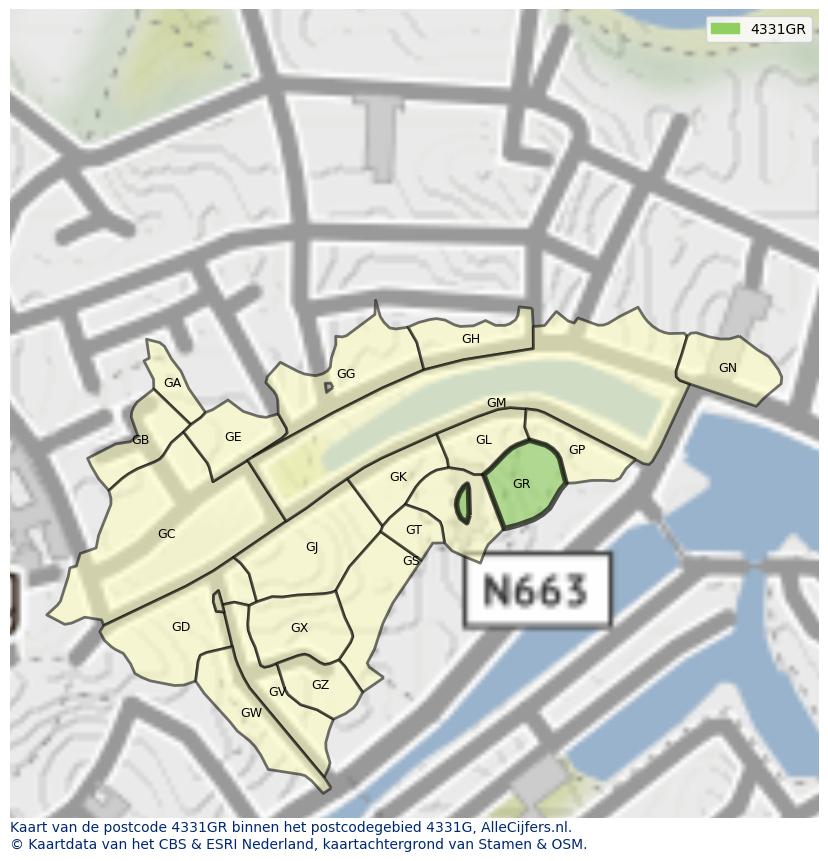 Afbeelding van het postcodegebied 4331 GR op de kaart.